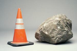 Orange Traffic Cone and Large Grey Rock on White Background photo