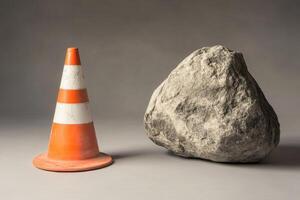 An orange and white traffic cone and a large gray rock on a plain background photo