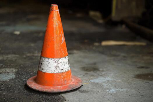 A Worn Orange and White Traffic Cone on a Gray Pavement photo