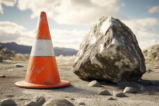 Orange Traffic Cone and Large Boulder in a Rocky Landscape photo