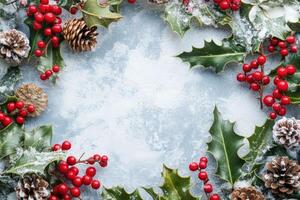 Snowy Holly Berries and Pine Cones on a Blue Background photo
