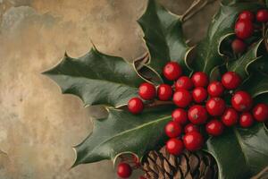 Close-up of Holly Berries, Leaves, and a Pine Cone photo