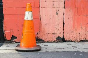 Orange Traffic Cone Against Weathered Brick Wall photo