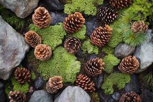 Pine Cones and Moss on Rocks in a Forest Setting photo