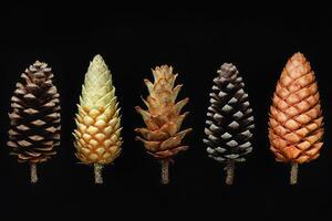 A Close-Up of Four Pine Cones on a Black Background photo