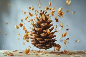 A Pine Cone Dispersing Its Seeds in Mid-Air photo