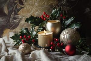 Festive Christmas Decorations with Candles and Holly photo