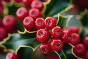 A Close-Up of Vibrant Red Holly Berries on a Sprig photo
