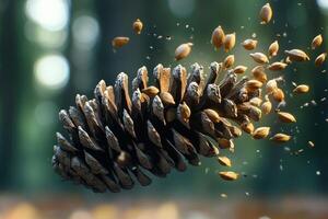 Pine Cone Dispersing Seeds in a Forest Setting photo
