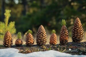 Six Pine Cones on a Log with a Snowy Background photo