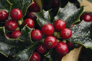 Close-up of Red Holly Berries on a Green Sprig photo