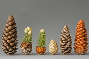 Six Pine Cones in Various Stages of Growth and Color photo