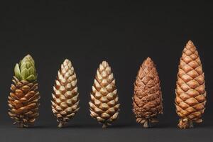 Five Pine Cones in Various Stages of Growth on Black Background photo
