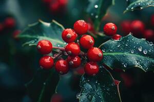 Close-up of Holly Berries with Dew Drops on Leaves photo