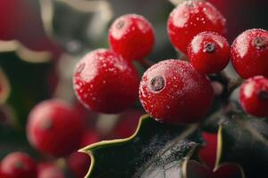 Close-Up of Frosted Holly Berries and Leaves photo