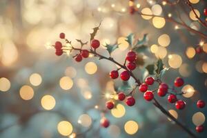 Red Berries on a Branch with Bokeh Lights photo