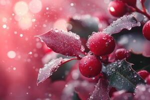 Close-up of Holly Berries Covered in Dew Drops photo
