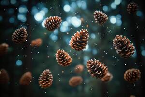 Pine Cones Falling Through Air with Bokeh Background photo