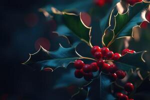 Close-up of Red Holly Berries and Green Leaves photo