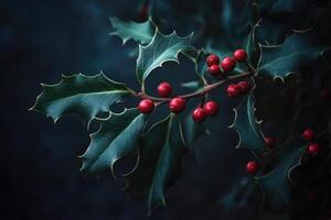 Close-up of Holly Berries and Leaves with a Dark Background photo