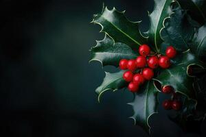 Sprig of Holly with Red Berries Against a Dark Green Background photo