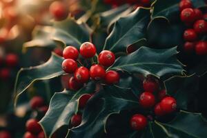 Close-up of Red Holly Berries on a Branch with Green Leaves photo
