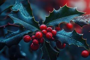 Close-up of Red Berries and Dew-Covered Holly Leaves photo