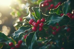 Close-up of Red Holly Berries and Green Spiky Leaves photo