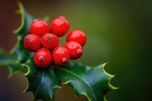 Close-up of Red Berries on a Green Holly Leaf photo