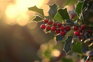 Close-up of Holly Berries and Leaves with a Sunlit Background photo