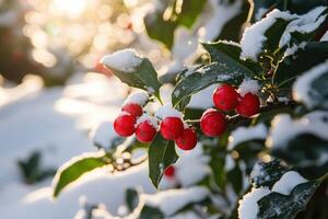 Snow-Covered Holly Berries and Leaves in Sunlight photo