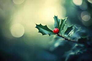 A Single Red Holly Berry on a Sprig of Holly with Blurred Green Background photo