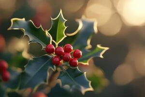 Close-up of Red Holly Berries on a Sprig with Spiky Green Leaves photo