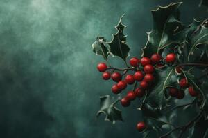 Close-up of Holly Berries and Leaves against a Green Background photo