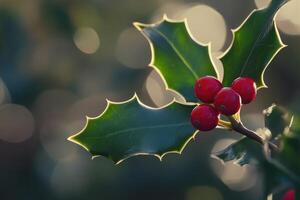 Close-up of Holly Berries and Leaves with a Blurred Background photo