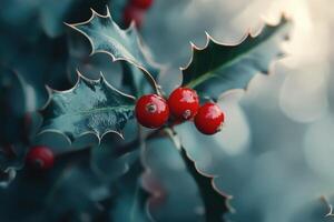Close-up of Red Berries and Spiky Green Holly Leaves photo