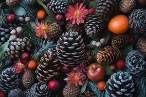 A Close-Up of Pine Cones, Berries, and Flowers in a Festive Arrangement photo