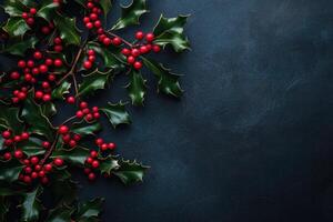 Sprigs of Holly with Red Berries on a Dark Blue Background photo