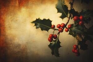 A sprig of holly with red berries on a textured background photo