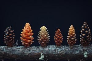 Five Pine Cones of Varying Hues on a Branch photo