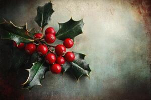 Sprig of Holly with Red Berries on a Textured Background photo