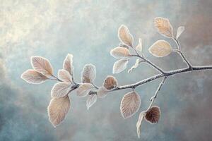 A frosted branch with delicate leaves against a pale blue and brown background. photo