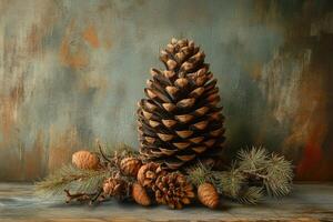 Large Pine Cone with Smaller Cones and Pine Branch photo