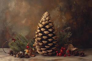 A Large Pine Cone Surrounded by Smaller Cones, Green Twigs, and Red Berries photo