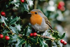 European Robin Perched on Holly Branch with Red Berries photo
