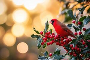 A Northern Cardinal Perched on a Holly Branch with Red Berries photo