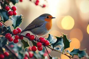 Robin Perched on a Branch with Red Berries and Green Holly Leaves photo