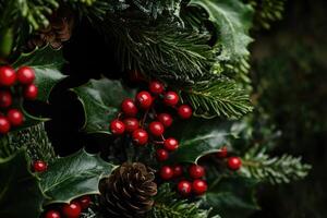 Close-up of Holly Berries, Pine Cones, and Evergreen Branches photo