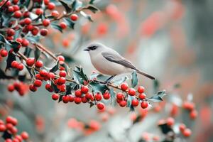 A Small Bird Perched on a Holly Branch with Red Berries photo