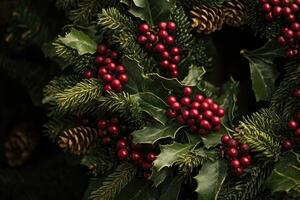 Close-Up of Holly Berries, Pine Needles, and a Pine Cone photo